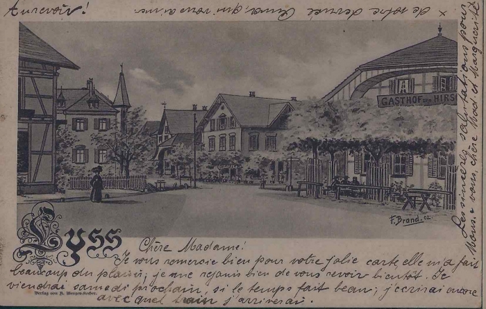 <p>Lyss Gasthof Hirschen mit Strasse  von Brand Fritz Kunstmaler , Karte Top Zustand , 13.10.1903</p>